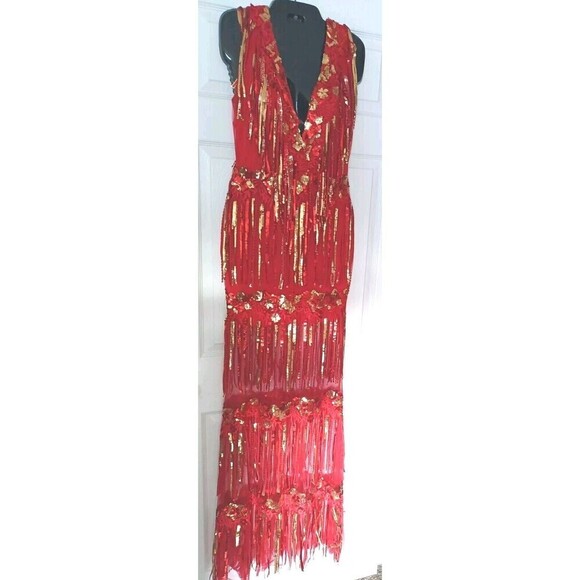 Banjul Sequin Mesh Maxi Dress Gown Size Small Red Gold Party Cocktail Sparkly - Picture 4 of 11